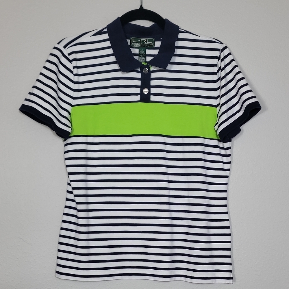 LRL Ralph Lauren Women Sports Polo Size L Collar Short Sleeve Varsity Preppy